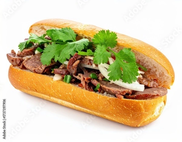 Fototapeta A sub sandwich, filled with sliced meat, greens, and onions, on white background