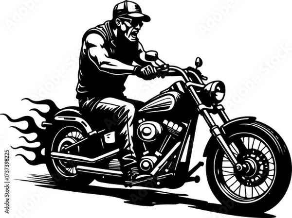 Fototapeta Biker with Beard on Flaming Motorcycle Graphics Black