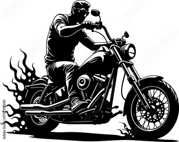 Fototapeta Biker with Beard on Flaming Motorcycle Graphics Black