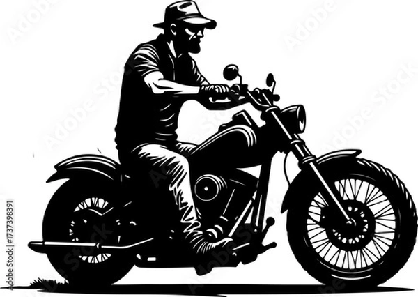 Fototapeta Biker with Beard on Flaming Motorcycle Graphics Black