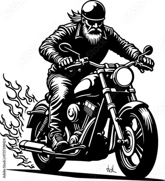 Fototapeta Biker with Beard on Flaming Motorcycle Graphics Black