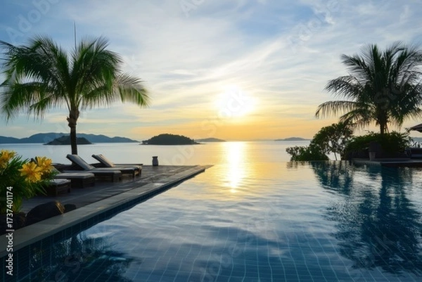 Fototapeta Experience paradise with a stunning sunset view from a tranquil infinity pool, perfect for luxury travel, relaxation, and tropical getaway inspiration