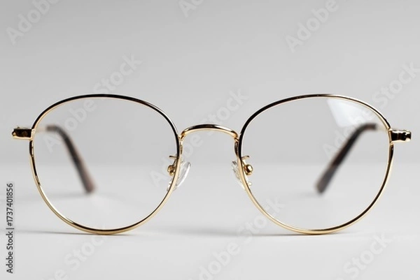 Fototapeta Eyeglasses with gold frame on white background.