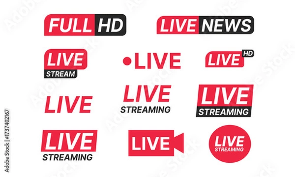 Fototapeta Live news and streaming icons. Symbols and buttons of live news and streaming. Vector illustration