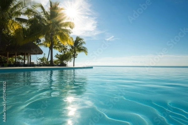 Fototapeta Experience blissful tropical escape with turquoise waters, swaying palms, and serene horizon views at luxurious resort, perfect for summer travel campaigns