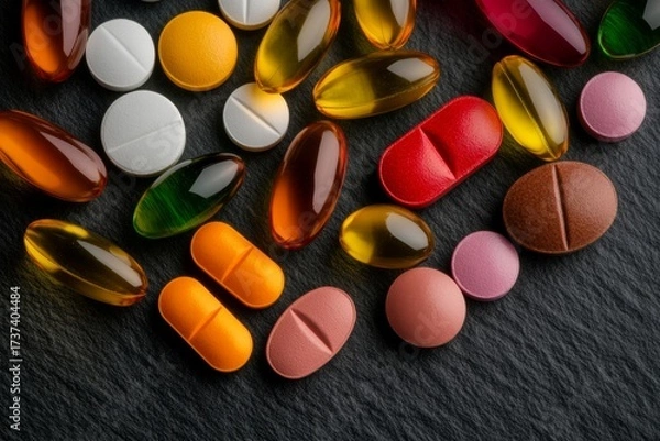 Fototapeta Vibrant assortment of medicine and supplements on a sleek dark surface, promoting wellness and healthy lifestyle choices for a modern audience