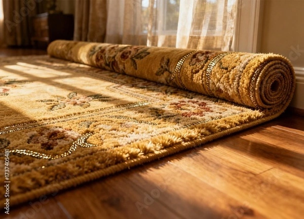 Fototapeta Classic Patterned Dark Yellow Carpet Rolled Out on Wooden Floor with Sunlight