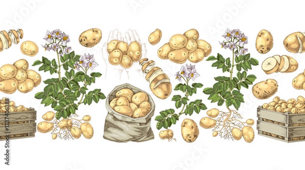 Fototapeta Potato sketched seamless border vector