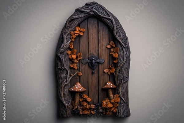 Fototapeta Enchanting fairy door nestled amidst whimsical mushrooms and autumn leaves invites you to imagine magical realms and storytelling adventures