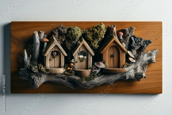 Fototapeta Whimsical fairy houses nestled in enchanted forest, perfect for children's books and magical designs, inviting dreams and wonder, a fantasy escape