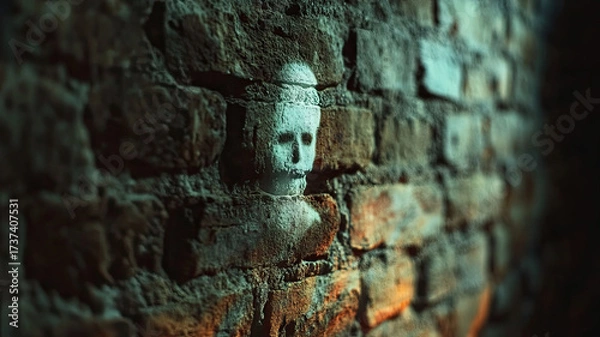 Fototapeta A ghost figure is projected on the wall of a house at night. The ghost appears translucent and ethereal, surrounded by a misty atmosphere.