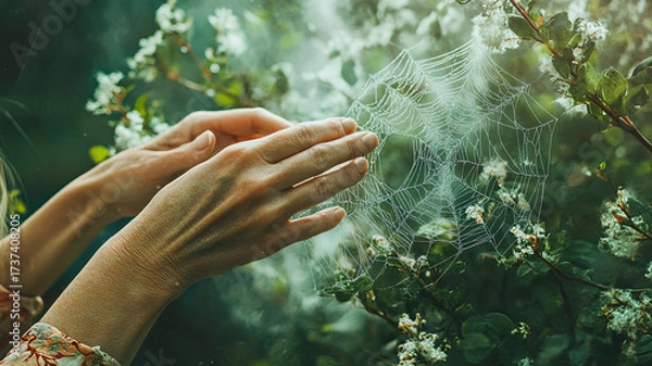 Fototapeta A pair of hands gently touching a delicate spider web among green foliage. The scene captures the beauty of nature and intricate web design.