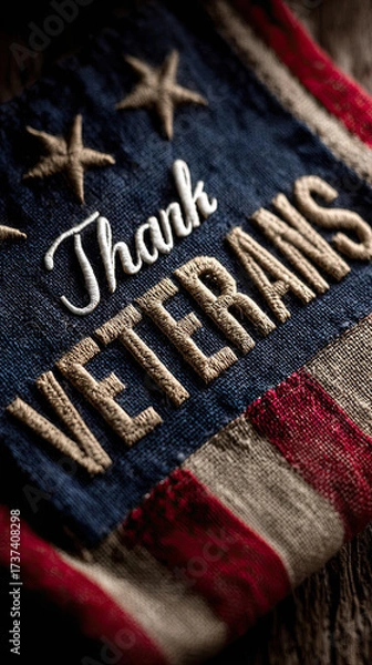 Fototapeta A fabric patch with the text 'Thank Veterans' embroidered in white on a blue background. The patch features red and white stripes and stars, symbolizing patriotism.