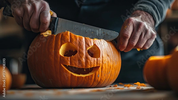 Fototapeta A man with dark hair carves a pumpkin using a large knife. The pumpkin has a menacing face, glowing from within. Candles and pumpkin scraps are on the table.