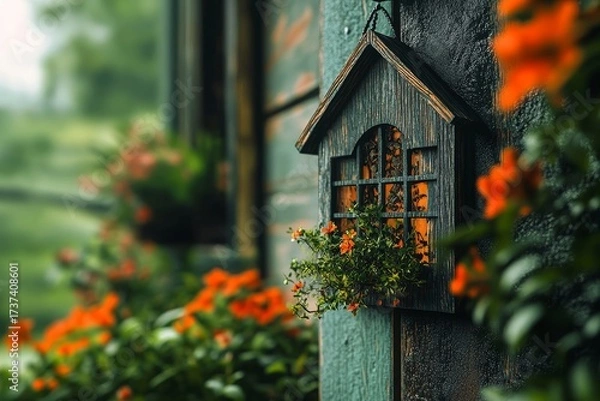 Fototapeta Charming rustic birdhouse adorned with vibrant orange flowers, creating a cozy and inviting garden scene for nature lovers and peaceful sanctuaries