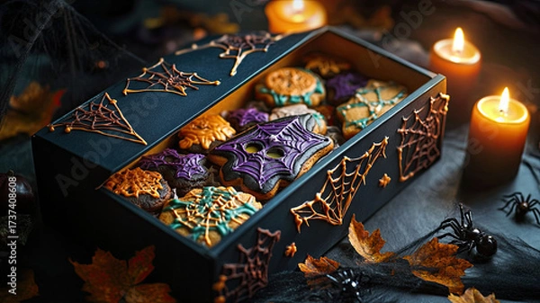 Fototapeta Halloween-themed cookies displayed in a decorative coffin box. The cookies are decorated with orange and black icing, surrounded by candles and dark foliage.