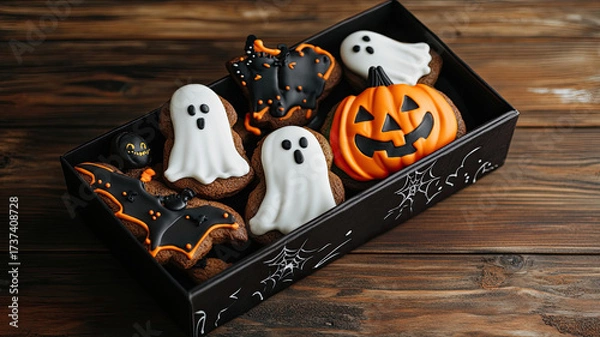 Fototapeta Halloween-themed cookies displayed in a decorative coffin box. The cookies are decorated with orange and black icing, surrounded by candles and dark foliage.