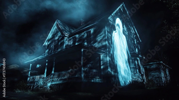 Fototapeta A ghost figure is projected on the wall of a house at night. The ghost appears translucent and ethereal, surrounded by a misty atmosphere.