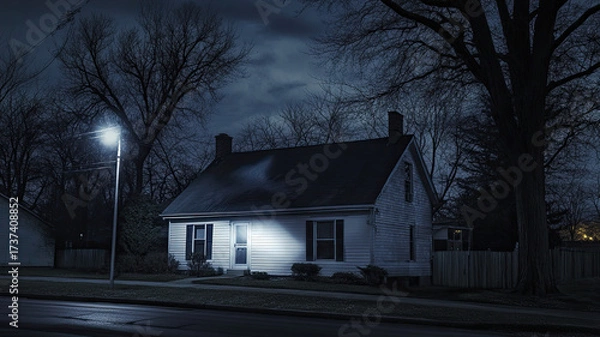 Fototapeta A two-story white house at night with shadows cast on its walls. The sky is cloudy, creating a moody atmosphere. Trees surround the property.