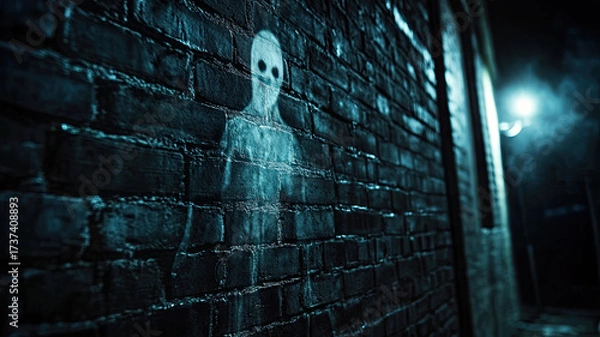Fototapeta A ghost figure is projected on the wall of a house at night. The ghost appears translucent and ethereal, surrounded by a misty atmosphere.