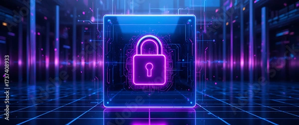 Fototapeta Cyber protection abstract with layered gradients of violet and electric blue, central luminous lock in glass, minimalist glowing dots network