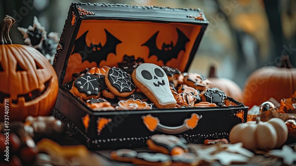 Fototapeta Halloween-themed cookies displayed in a decorative coffin box. The cookies are decorated with orange and black icing, surrounded by candles and dark foliage.