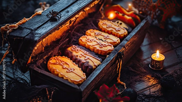 Fototapeta Halloween-themed cookies displayed in a decorative coffin box. The cookies are decorated with orange and black icing, surrounded by candles and dark foliage.