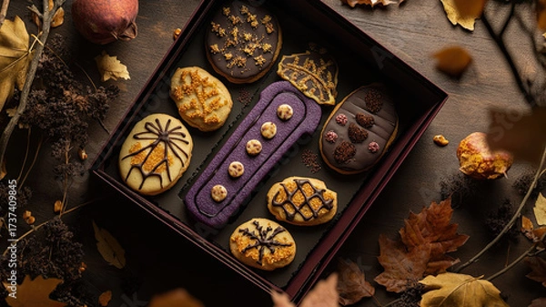 Fototapeta Halloween-themed cookies displayed in a decorative coffin box. The cookies are decorated with orange and black icing, surrounded by candles and dark foliage.