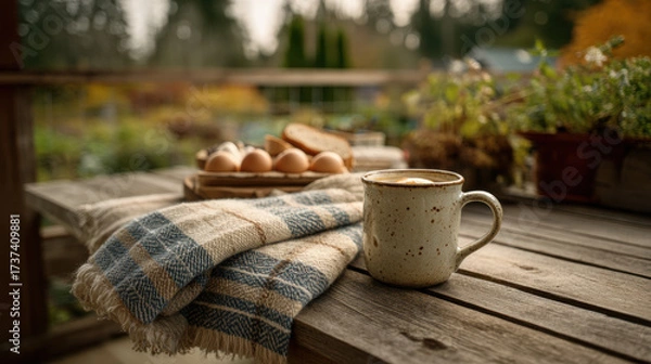 Obraz Breakfast on rustic wooden porch table with ceramic cup bread and eggs overlooking fall garden, cozy plaid blanket, concept of farm to table cooking country kitchen and slow living