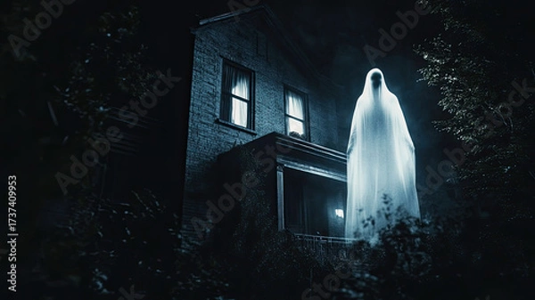 Fototapeta A ghost figure is projected on the wall of a house at night. The ghost appears translucent and ethereal, surrounded by a misty atmosphere.