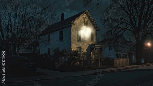 Fototapeta A two-story white house at night with shadows cast on its walls. The sky is cloudy, creating a moody atmosphere. Trees surround the property.