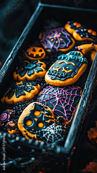 Fototapeta Halloween-themed cookies displayed in a decorative coffin box. The cookies are decorated with orange and black icing, surrounded by candles and dark foliage.