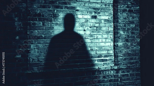 Fototapeta A dark shadow is cast on a textured brick wall. The scene conveys a sense of mystery and intrigue, with dim lighting enhancing the atmosphere.
