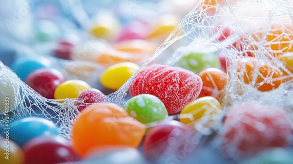 Fototapeta A colorful Halloween candy table covered with a spider web. Various candies in bright colors are scattered around.