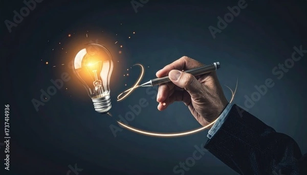 Fototapeta  Hand drawing lightbulb in air with glowing trail, dark background, concept of idea and inspiration, cinematic lighting 