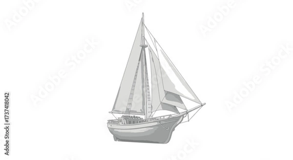 Fototapeta Classic two-masted sailboat with full sails, a detailed grayscale vector illustration.