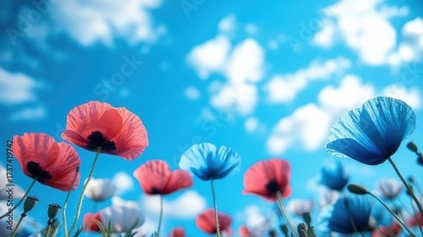 Fototapeta Colorful Nature and Flower Field of vibrant red poppies in full bloom under a blue sky, creating a cheerful and picturesque landscape
