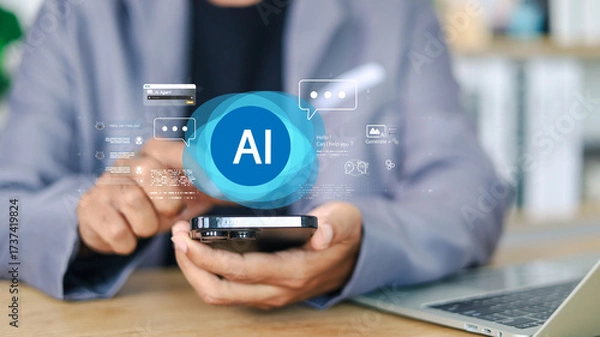 Fototapeta Businessman using smartphone with AI chatbot and digital assistant icons overlay. Concept of artificial intelligence, customer service, technology, automation, and innovation.