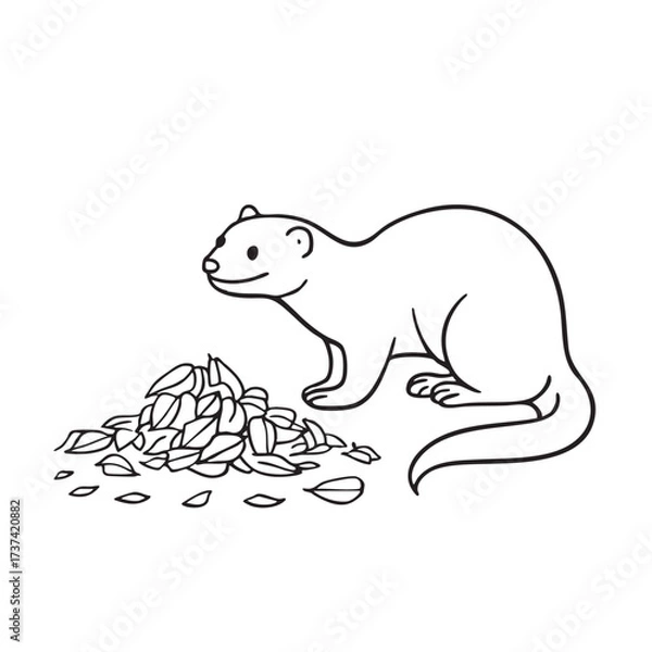 Fototapeta A weasel beside a pile of leaves scattered across the yard