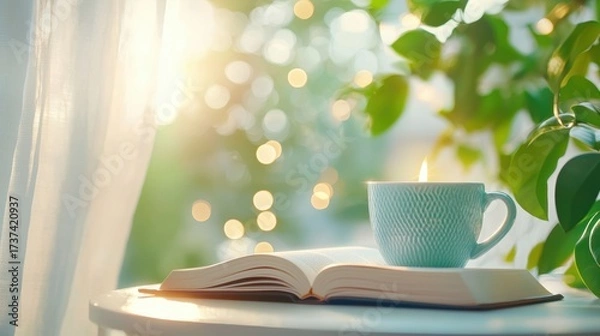 Fototapeta Book on a Desk or Table Open book on a table with a cup of coffee and a lit candle, creating a cozy and inviting reading nook