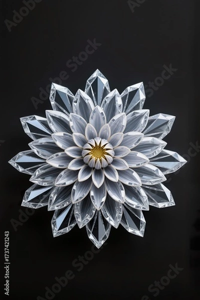 Fototapeta A surreal, simple 3d artwork of Dahlia flower in diamond crystal mandala style, black background