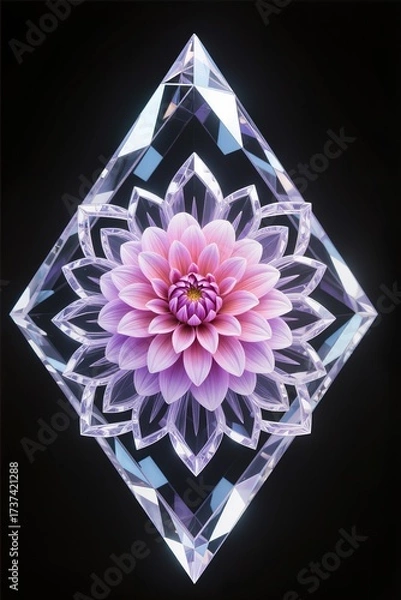 Fototapeta A surreal, simple 3d artwork of Dahlia flower in diamond crystal mandala style, black background
