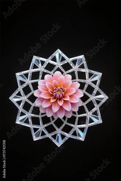 Fototapeta A surreal, simple 3d artwork of Dahlia flower in diamond crystal mandala style, black background