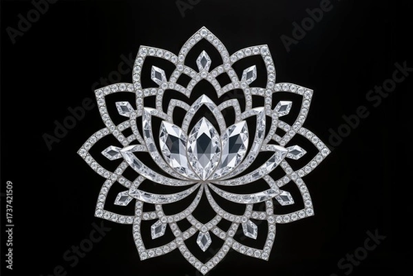 Fototapeta A surreal, simple 3d artwork of Lotus mandala in diamond gemstone carving, elegant detail, black background