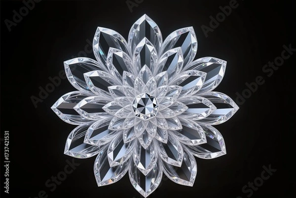 Fototapeta A surreal, simple 3d artwork of Lotus mandala in diamond gemstone carving, elegant detail, black background