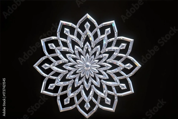 Fototapeta A surreal, simple 3d artwork of Lotus mandala in diamond gemstone carving, elegant detail, black background