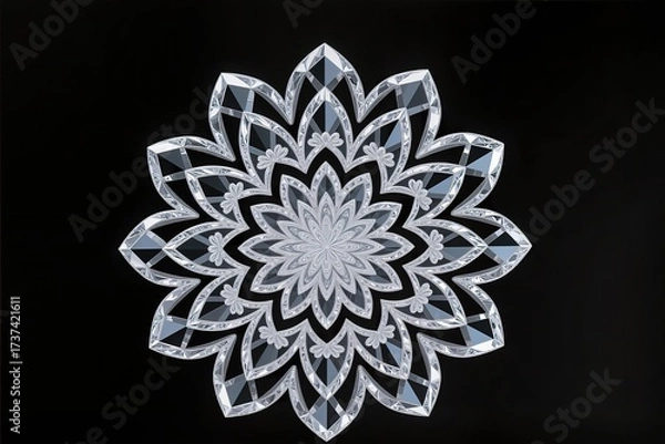 Fototapeta A surreal, simple 3d artwork of Lotus mandala in diamond gemstone carving, elegant detail, black background