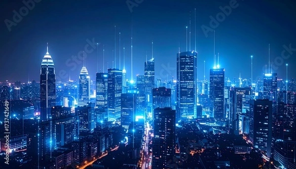 Fototapeta Vast night city skyline with skyscrapers immersed in a futuristic blue glow. Abstract digital lines and data points rise from the buildings, symbolizing technology, AI, connectivity, Big Data