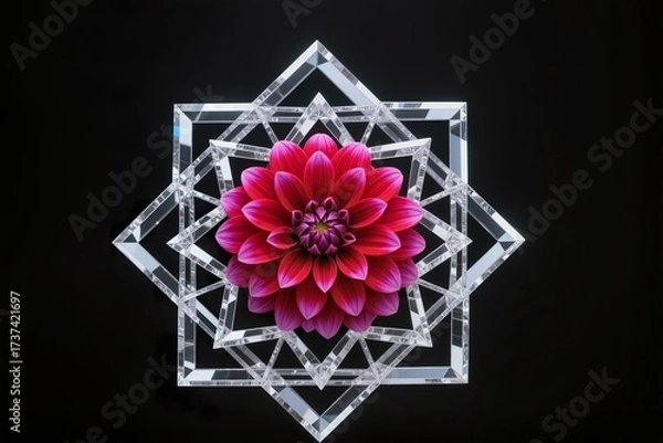 Fototapeta A surreal, simple 3d artwork of Dahlia flower in diamond crystal mandala style, black background