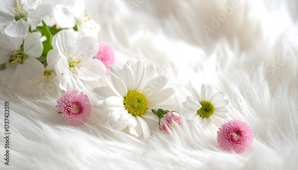 Fototapeta Minimalist, soft, and bright composition of white daisies, pink pompom flowers, and cherry blossoms resting on a luxurious white faux fur or sheepskin background. Ideal for themes like spring, summer,